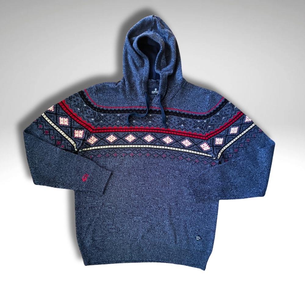 Buffalo Fair Isle Nordic Blue Knit Pullover Hoodie Sweater Blue Large